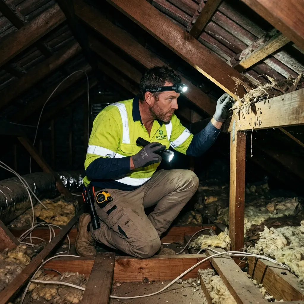 Technician inspecting a roof cavity for a dead animal in Thomson