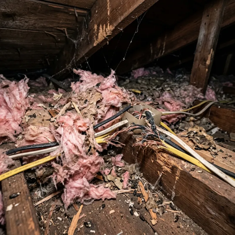 Contaminated ceiling insulation being assessed in a Thomson roof space