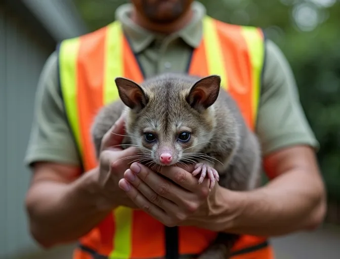Animal handler safely recovering a deceased possum in Thomson