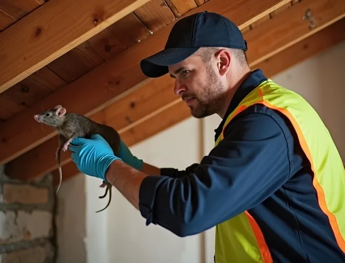 Technician inspecting a roof cavity for a dead rat in Thomson